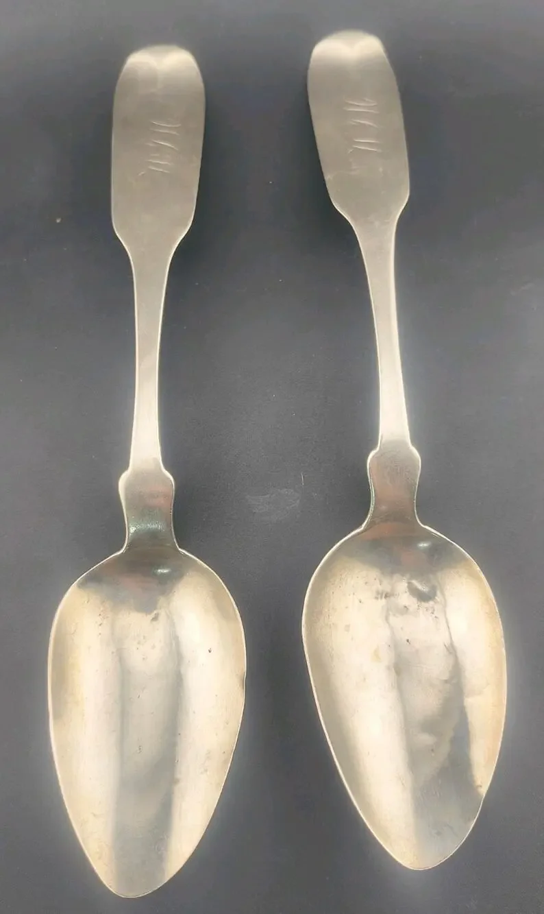 Antique Platt & Brother NY Coin Silver Tablespoons Pair 1850s Fiddle Pattern
